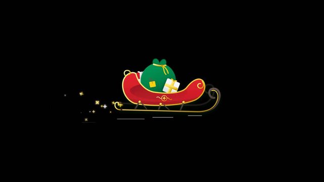 Christmas Santa Claus red sleigh loaded with gift bag flying forward with glowing golden magic sparkle trail isolated on black background in 2D cartoon animation