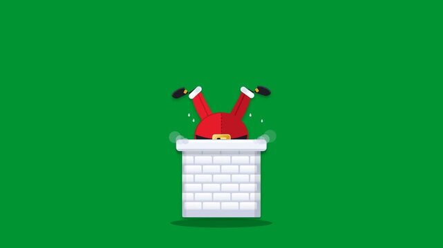 Santa Claus kicking legs stuck upside down in white brick chimney seamless flat cartoon 2D vector animation loop with motion on solid green screen background
