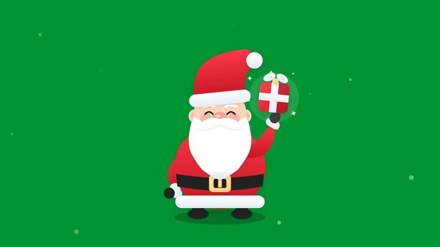 Cute cartoon Santa Claus character holding a glowing gift box ornament in seamless animation loop on vibrant green background with falling snow particles in 2D vector style