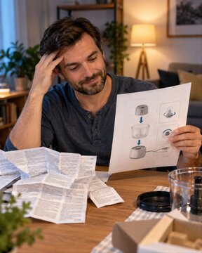 Man Reading Confusing Appliance Assembly Instructions at Home
