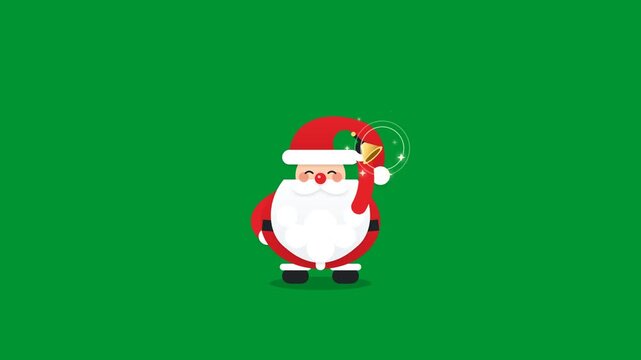 Cute cartoon Santa Claus character ringing golden Christmas bell with glowing sparkle wave effects in 2D flat vector animation on solid green screen background