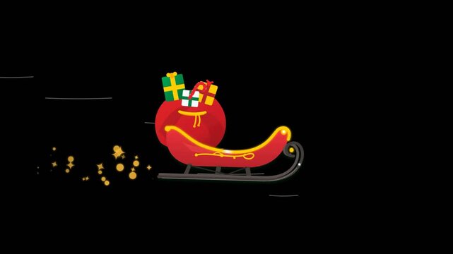 Christmas Santa Claus red sleigh loaded with sack of gifts flying across solid black background with glowing golden sparkle particle trail in flat 2D vector animation loop