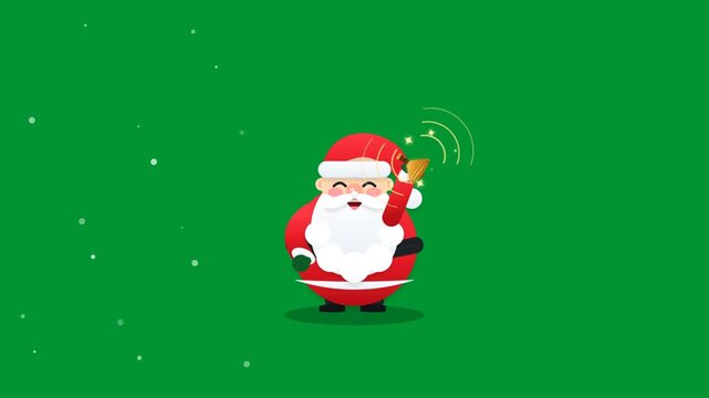 Cute cartoon Santa Claus character ringing a golden Christmas bell with sound wave animation on a solid green background with falling snow in a 2D vector flat graphic loop