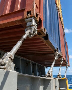 Heavy Duty Lashing Rods Securing Stacked Shipping Containers on a Cargo Vessel
