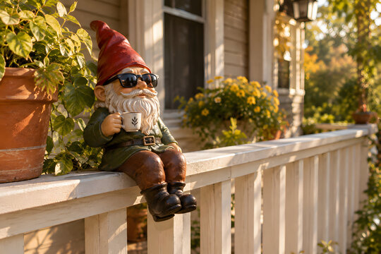 Garden Gnome Wearing Sunglasses Holding Tiny Coffee Cup