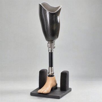 Carbon Fiber Prosthetic Leg Displayed on a Stand Against a Grey Background