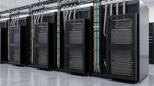 Data center server racks featuring advanced liquid cooling technology and organized cable management inside a modern green facility
