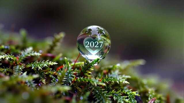 A clear droplet on moss reflects 2027 inside a heart shape, symbolizing new beginnings.