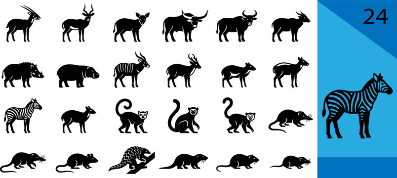 Black African mammal silhouette icon set oribi wildebeest warthog hippo zebra duiker lemur tenrec pangolin otter rodent wildlife editable vector illustration
