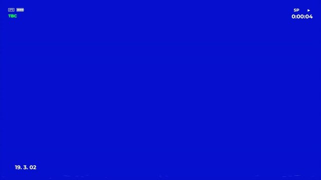  Analog blue screen displaying a vintage video tape camera interface with tracking errors,digital video recorder with timecode, battery indicators, and subtle signal noise.