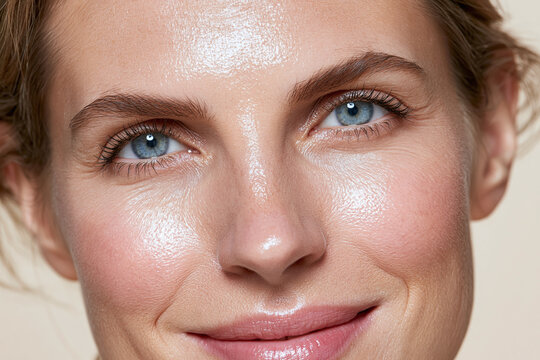 Female close up beauty portrait with dewy skin, blue eyes, natural makeup, soft smile, flawless complexion and studio lighting conveying fresh confident expression