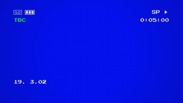 digital video recorder display, Analog blue screen displaying a vintage video tape camera interface with tracking errors, timecode, battery indicators, and subtle signal noise.