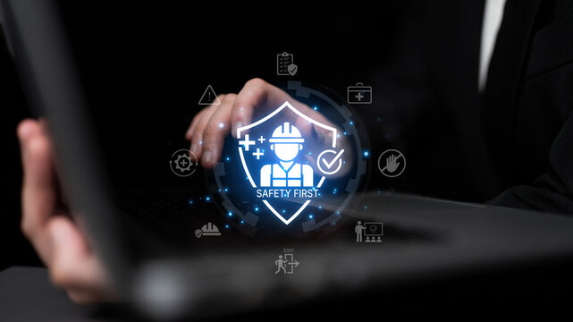 Concept of occupational health and safety. A 'Safety First' policy ensures worker protection through training, risk prevention, and adherence to workplace safety standards. Fermion