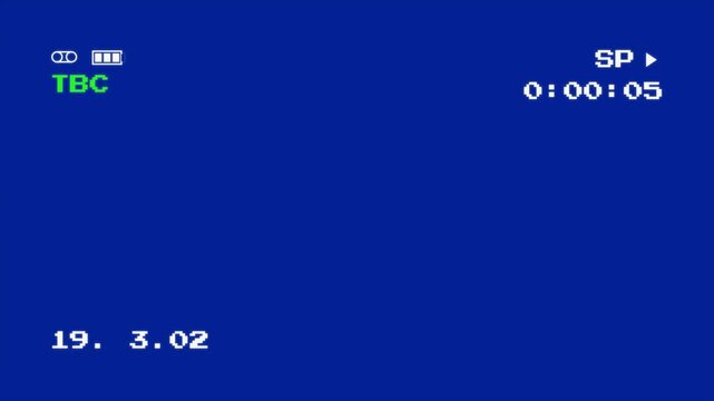  Camcorder Viewfinder Frame, Retro Camcorder Blue Screen Interface with Vintage Digital Metadata and Analog Tape Tracking Artifacts 4k video
