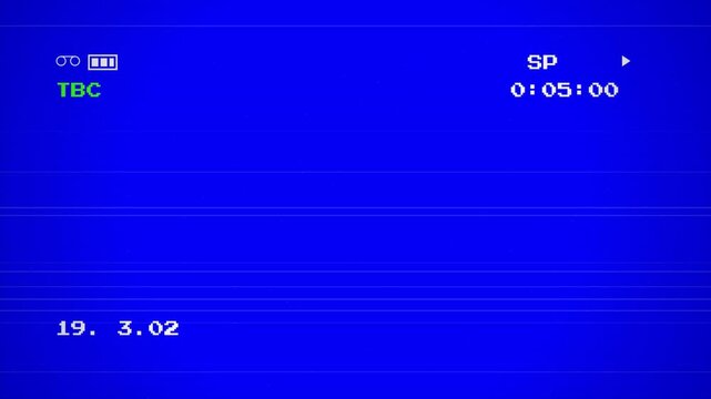 Vhs camcorder interface recording on a blue black background, Vintage 1998 Analog Camcorder Viewfinder Overlay with Blue Screen and Retro Digital Timecode 4k video