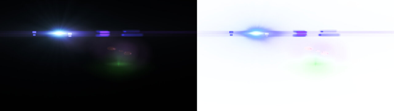 Cyan, blue, and purple optical lens flare with horizontal segmented light bars, central burst, and subtle green lens artifact, Transparent PNG