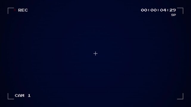 Camcorder Viewfinder Frame, Authentic analog camera UI simulation with shifting timecode and blinking indicator over textured cobalt interference