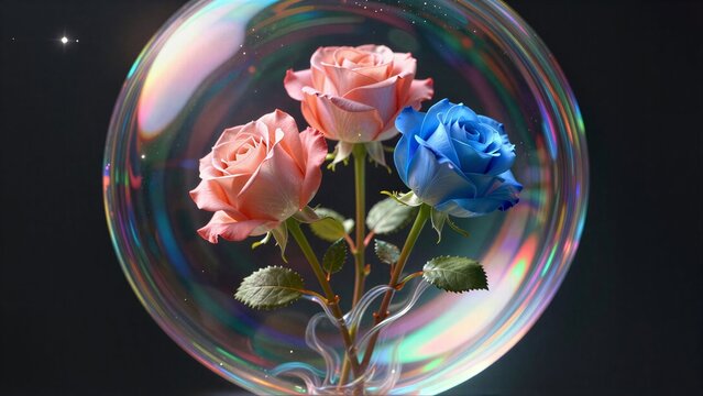 Pink roses and a blue rose inside a glowing, iridescent bubble.