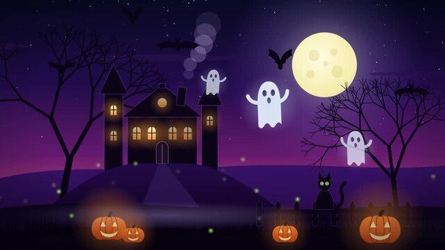 Haunted house on hill at night with floating ghosts, black cat, glowing jack-o-lanterns and full moon
