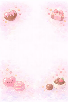 Minimal vertical Valentine frame with sweets and gift elements placed in four corners. Generated by AI.