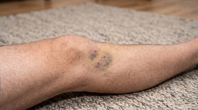 Bruised Leg: Close-up of a person's leg with a significant bruise on the knee and surrounding area, indicating a recent injury.