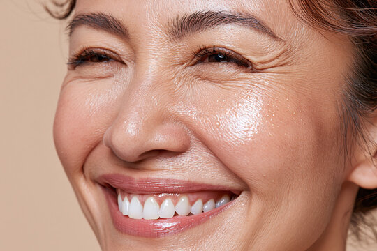 Ultra realistic macro skincare editorial of Southeast Asian woman smiling with glowing dewy skin, visible pores, fine lines and natural makeup, close up facial texture and radiant healthy