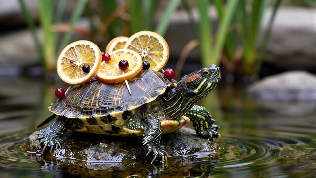 Turtle adorned with orange slices and berries, basking on a rock by water.