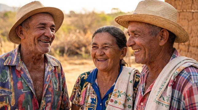 Tr&ecirc;s amigos idosos nordestinos sorrindo e conversando em frente a uma casa de taipa no sert&atilde;o do Nordeste, dois homens de chap&eacute;u de palha e uma mulher com pano bordado