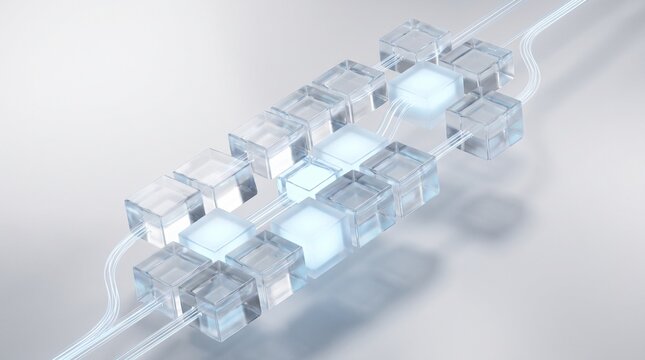 Blockchain network concept with transparent glass blocks connected by glowing data streams in 3d view