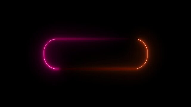 Neon glowing rounded rectangle picture frame icon animation. Glowing two color neon box round shape screen rotation border frame on a black background