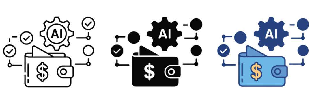 ai budget planner icon set, smart wallet money finance automation symbols for personal budgeting, financial management, digital banking, savings, investment planning, and expense tracking.