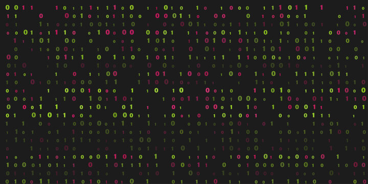 Digital binary code background, featuring a pattern, of lime green, and magenta ones, and zeros arranged, in a grid, creating a data, stream texture technology, programming and software
