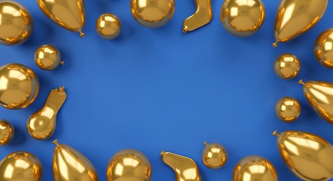 Shiny golden metallic party spheres create a vibrant festive frame bordering the perimeter of this rich deep blue surface which signifies a cheerful atmosphere for celebrating many joyous