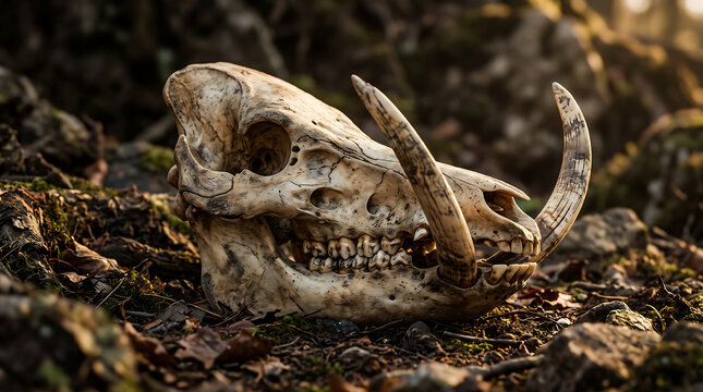 Weathered wild boar skull with large tusks on forest floor