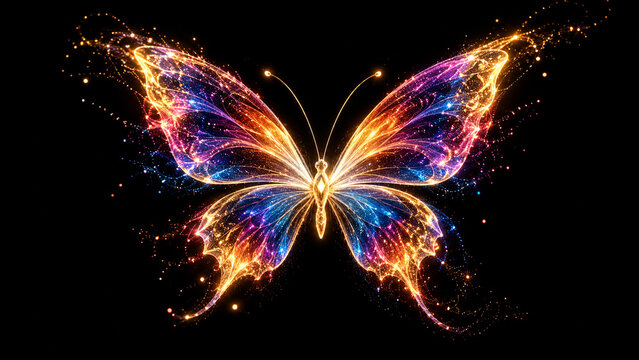 Papillon lumineux multicolore aux ailes scintillantes sur fond noir