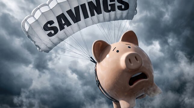 Investment protection concept close up of a worried piggy bank below a parachute marked savings, illustrating financial risk and safety
