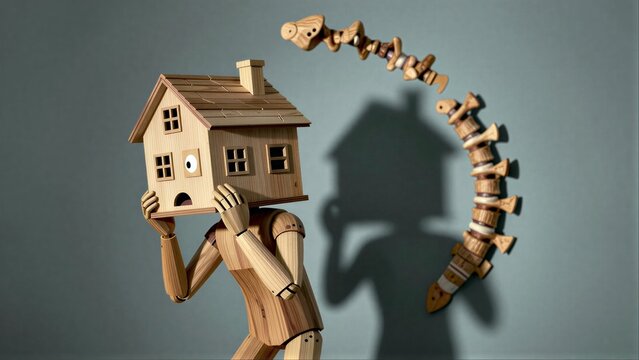 Wooden figure with house head, startled by shadowy spinal cord creature.