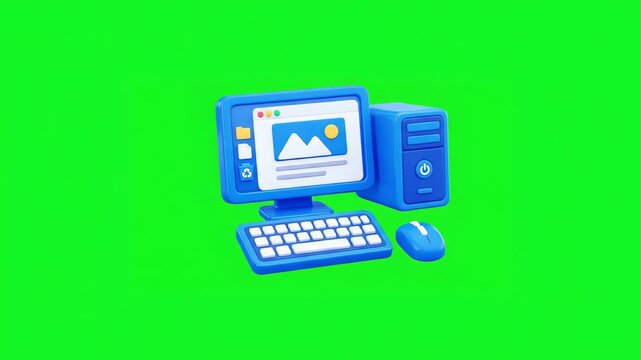 3D render of a blue desktop computer with monitor, keyboard, and mouse on a green screen background