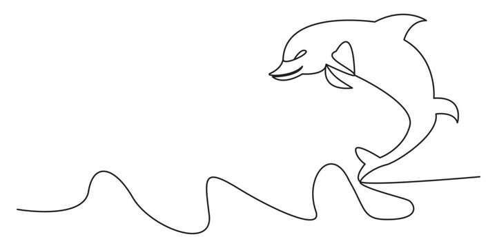 Continuous single line drawing of a jumping dolphin in the ocean waves