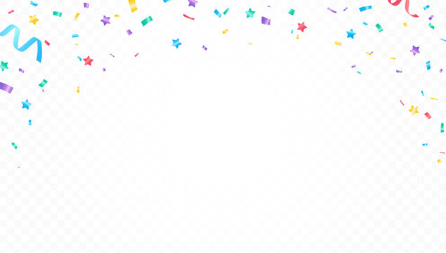 Colorful confetti border with streamers and stars on transparent background. Festive frame for birthday, party, celebration or invitation. Falling paper pieces. Vector illustration.