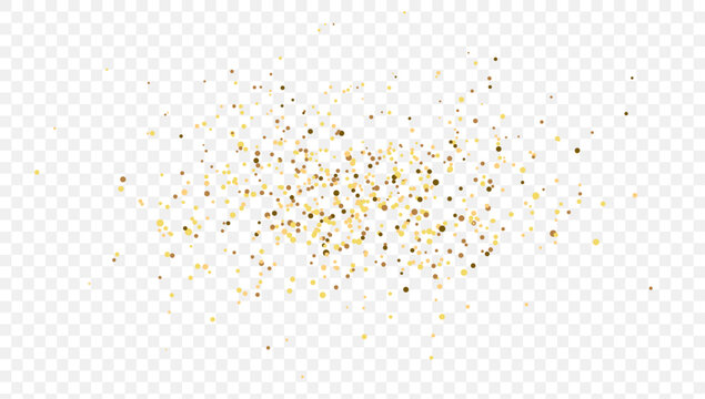 Gold glitter particles and golden confetti. Festive luxury effect on transparent background. Magic dust for celebration, wedding or invitation. Christmas elegant design. Vector illustration.