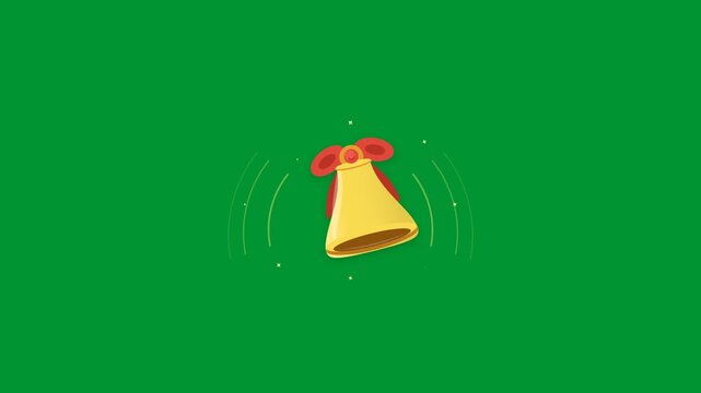 Golden Christmas bell with red ribbon ringing and swinging in looping motion with sound wave effects on solid chroma key green screen background in clean flat 2D animation
