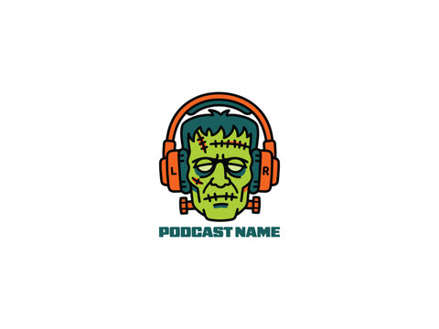 FRANKENSTEIN MONSTER MASCOT LOGO WITH HEADPHONES FOR HALLOWEEN PODCAST BRAND