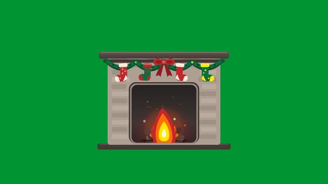 Christmas fireplace with burning fire and holiday stockings hanging on mantel decorated with green garland in 2D vector animation loop on green screen background