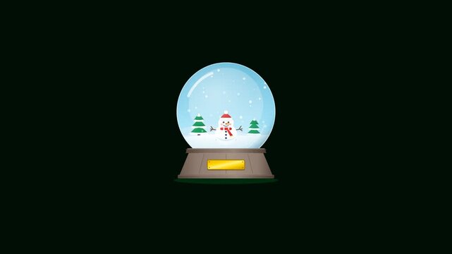 Christmas snow globe with cute snowman and pine trees animated with falling snowflakes centered on dark black background in flat 2D vector cartoon graphic style