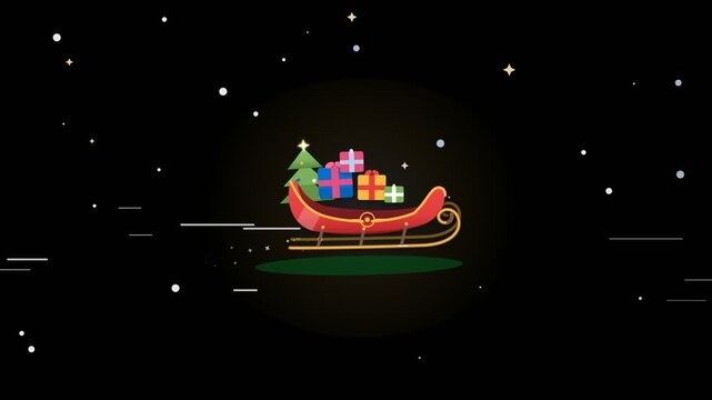 Christmas Santa sleigh carrying colorful gift boxes and tree flying through night sky against dark starry background in seamless flat 2D cartoon motion graphics animation loop