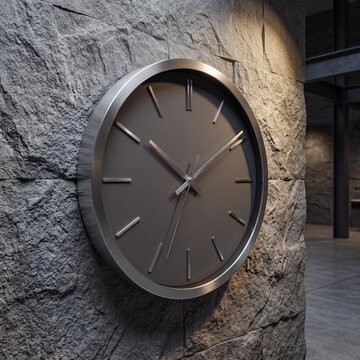 Large Minimalist Metal Wall Clock Mounted on a Rough Textured Grey Stone Wall Surface