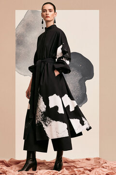 Woman posing in a modern fashion outfit, featuring a flowing coat and wide leg pants against an artistic background
