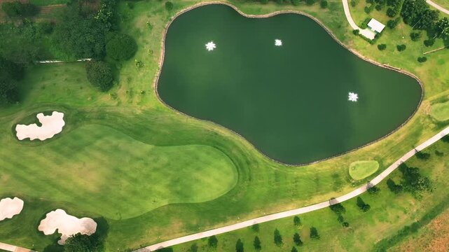 Aerial drone view of lush green golf course landscape with water pond
