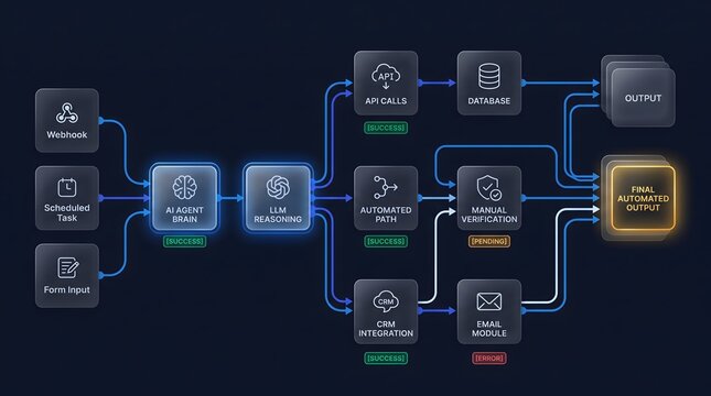 AI agent brain and LLM reasoning processing data through automated paths and manual verification for final output